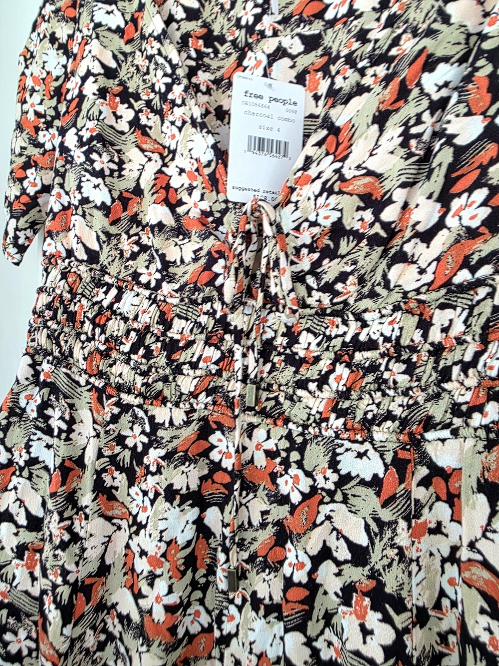 New Free People Forget Me Not Charcoal Combo Floral Mini Dress Sz 4 Small Tie - Picture 3 of 6